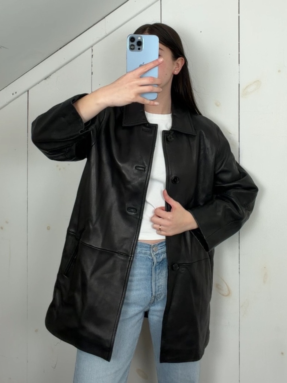 Vintage LNR Black Genuine Leather Jacket Women’s S Button Front Mid Length Coat